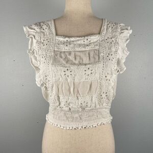 American Eagle Cropped Top with Fluttery Cap Sleeves in Ivory - Size Medium